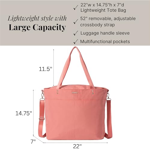 Image of Baggallini Carryall Tote - Lightweight Nylon Zipper Top Weekender Travel Beach Bag w /Luggage Sleeve