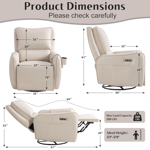 Image of Power Recliner Gliders for Nursery, Electric Swivel Rocker Recliner Chair, Comfy Upholstered Living Room Reclining Rocking Chairs with Lumbar Support (Cream, 41 inch X 40 inch X 36 inch)