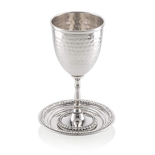 Classic Touch Decorium Kiddush Cup Chalice with Crystal Beaded Edge- Saucer Tray Included-Stainless Steel and Rust Resistant- For Sabbath and Holidays