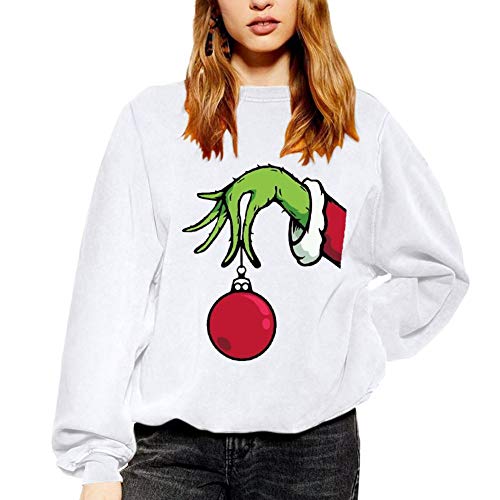 Funny Print Christmas Sweatshirts for Women, Long Sleeve Crewneck Fleece Xmas Pullover Tops White