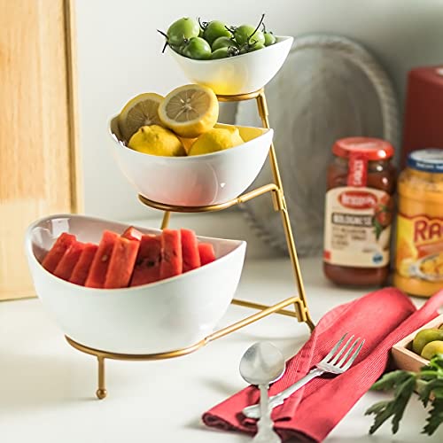 YHOSSEUN 3 Tier Serving Stand Oval Serving Bowl with Metal Rack, Tied Serving Bowls Food Display Dessert Appetizer, Serving Bowl Fruit Chip Dip Bowl Set for Parties, Gold - Image 5