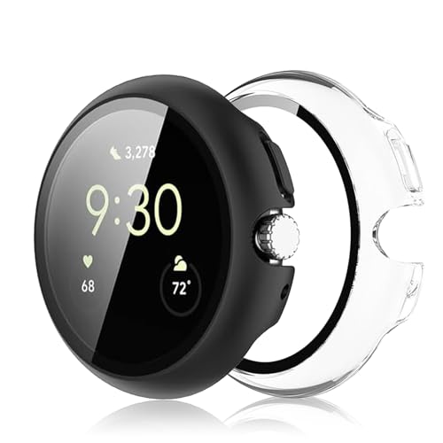 Haofun 2 Piezas Fundas Compatible con Google Pixel Watch 3 41mm, para Protector Pantalla Cristal Templado HD Protección Completa PC Dura Estuche Case - Transparente + Negro