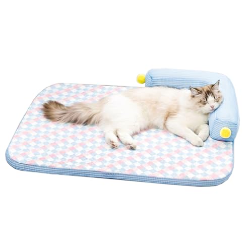 Zabplox Cooling Cat Bed with Pillow – L-Shaped Sofa Design, Breathable Summer Mat for Kittens & Cats, Machine-Washable Cushion Calming Bed for Persian, Siamese, Small Pets (Blue, 21'x15'x4')