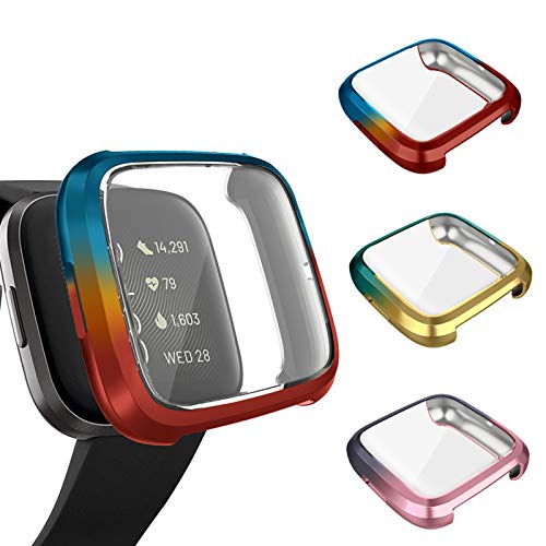 3 Packs Screen Protector Compatible with Fitbit Versa 2 Case, GHIJKL Ultra-Thin Slim Soft TPU Plated Cover All-Around Protective Bumper Shell for Fitbit Versa 2 Watch, Green/Yellow,Gray/Pink,Blue/Red