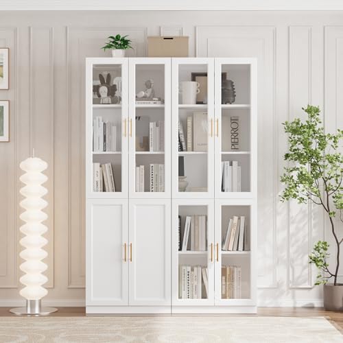 VOWNER Bücherregal mit Glastüren, 5-stöckiges Bücherregal mit Verstellbarem Regalboden, Modernes Großes Aufbewahrungsvitrinen-Set für Home Office, Wohnzimmer, Weiß(AC)