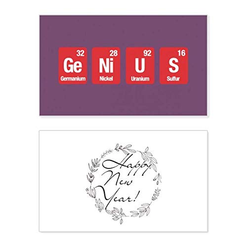 Tarjeta de año nuevo Ge Ni U S con mensaje de bendición y elementos químicos