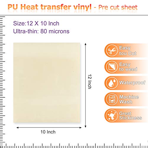 Pu Heat Transfer Vinyl (Htv): 10 Pack 12" X 10" Sheets，Htv Vinyl Pack For T Shirts & Other Fabrics, Easy To Cut, Weed & Press (Cream, 10 Pack) #TOP1