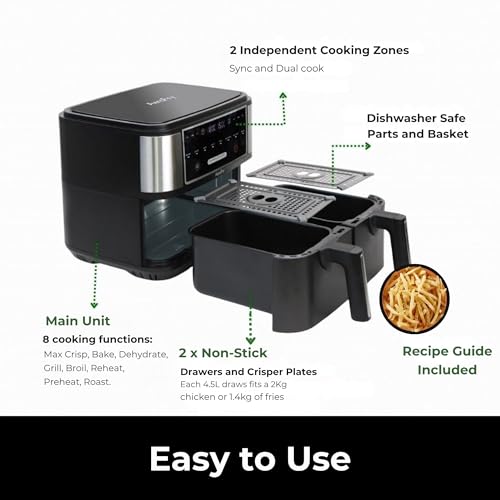 AeroFry Air Fryer - 9 Litres, DUAL ZONE Digital Airfryer, Uses No Oil, Max Crisp, Roast, Bake, Reheat, Dehydrate, Cook 8 Portions, Non-Stick Dishwasher Safe Baskets, 2 Years Warranty !!!