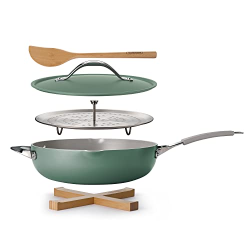 Tramontina All-in-One Plus Pan Set, 5-Quart Ceramic Non Stick Cooking Pan with Lid, Steamer Insert, Bamboo Utensil and Trivet, Green