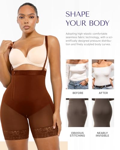 Image of SHAPELLX Tummy Control Shapewear for Women Faja Body Shaper with Butt Lifter Waist Cincher Bodysuit Plus Size Brown 4XL