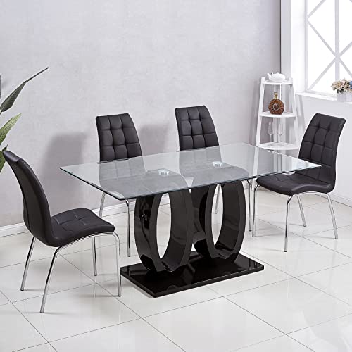 Henf 63" Contemporary Dining Table For 6, Tempered Glass Top Dining Room Table With High-Gloss Double Pedestal, Rectangle Dinner Table Kitchen Table Home Office Meeting Table (Black) #TOP4