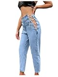 BEAUDRM Women's High Waist Zipper Casual Chain Detail Jeans Pants Trousers Lace Up Straight Leg Denim Pants with Pocket Light Wash Medium