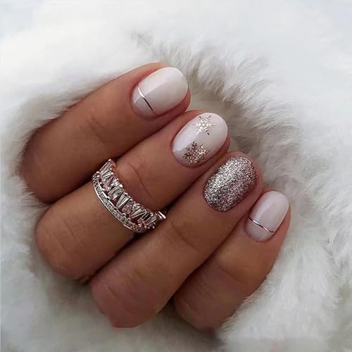 Press on Nails Short Square Fake Nails with Snowflake Designs Whi...