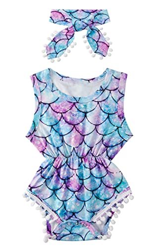 UNICOMIDEA Newborn Baby Girls Bodysuit Cute Mermaid Print 3D Rompers Clothing Set Summer Sleeveless Purple Sequin Fish Scale Print Jumpsuit + Headband 2pcs Outfits 0-3 Months