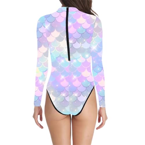 Generisch Traje de baño de sirena de manga larga para mujer, traje de baño con estampado de escamas de pescado, traje de baño sexy de una pieza, traje de baño de sirena, traje de baño con brillo para