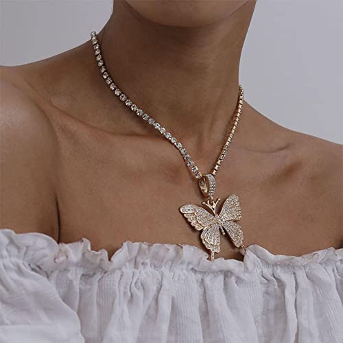 Inateannal Gargantilla de collar de mariposa de diamantes para mujer Collar de tenis de circonio cúbico brillante CZ Collar colgante de mariposa grande de oro Cadena Hip Hop Accesorio Cover