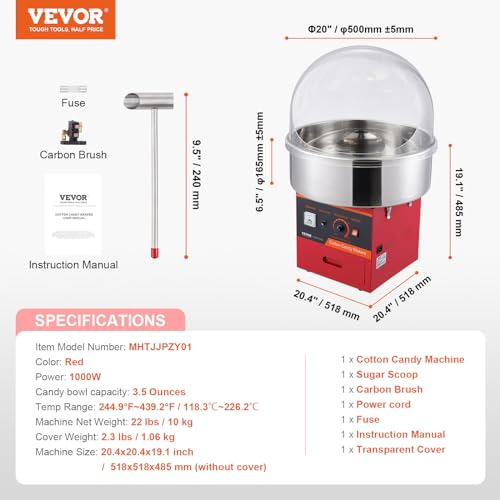 VEVOR Elektrische Zuckerwattemaschine, 1000 W Zuckerwattegeräte, Kommerzielle Zuckerwattemaschine mit Abdeckung, Edelstahlschüssel, Zuckerschaufel, Schublade, Perfekt für Familienfeiern, Rot – Bild 8