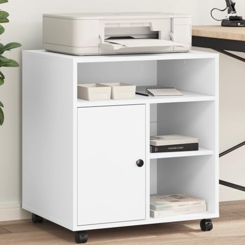 Teenpull Soporte para impresora con ruedas de madera blanca 60 x 50 x 67 cm con 4 ruedas y 2 frenos, mesa de impresora multifuncional para oficina, oficina en casa, oficina en casa, lugar de trabajo