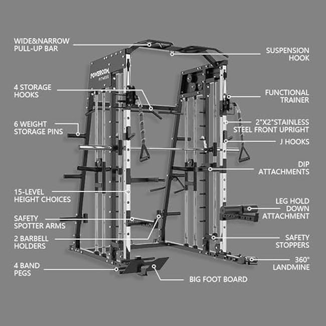 Power Cage 2300lbs Smith Machine Squat Rack with LAT-Pull Down System & Cable Crossover Machine, Training Equipment with Leg Hold-Down Attachment Weight Cage for Home Gym