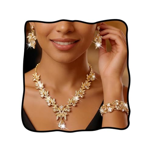 Unicra Gold Champagne Jewelry Sets Rhinestone Wedding Necklace Earrings Bracelet Set Prom Formal Indian Costume Jewelry for Women and Brides (Champagne)