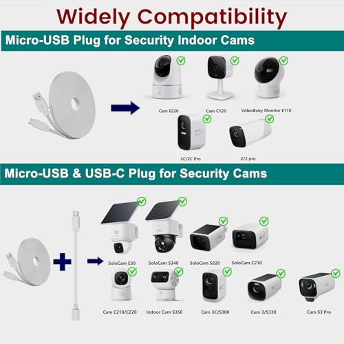 weishan 30ft Power Extension Cable Compatible with eufy Security Cam S220, S340, E220, P24-9m Long Flat USB to Micro USB Charging Cord with USB-C Adapter, White