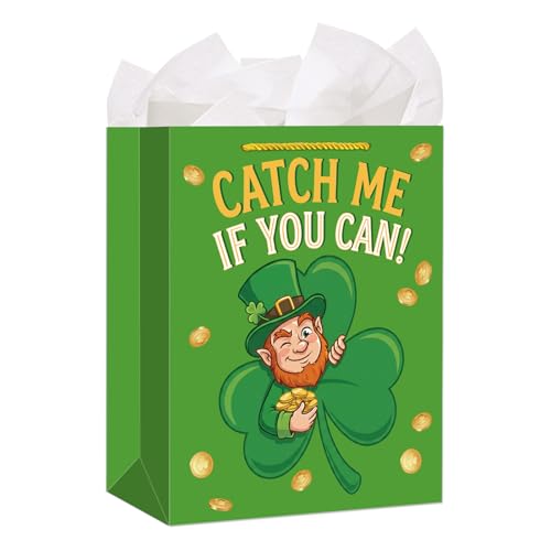 WhatSign St.Patrick's Day Gift Bag - Large Green Lucky Leprechaun Gift Wrap Bag Catch Me If You Can Shamrock & Gold Coins Design Festive Irish Holiday Party Supplies for All Ages