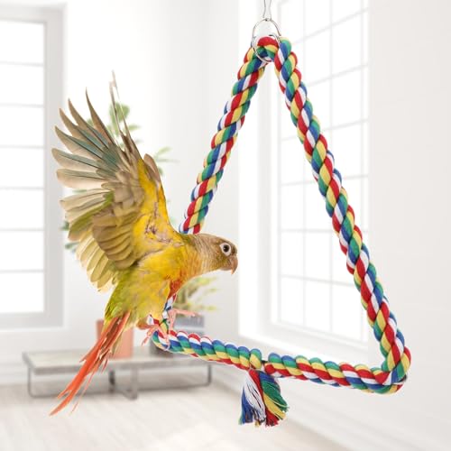 Hypeety Birds Rope Triangle Perch Adjustable Parrot Cage Stand Chewing Swing Toy Ropes for Small Medium Parrot Spiral Rope Cage (M:9.8 * 11inch)