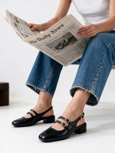 Image of Mostrin Mary Jane Shoes Women Slingback Chunky Low Heels for Women Closed Rounded Toe Ankle Strap Pumps Daily Wedding Party Dress Shoes