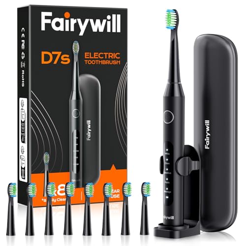 Fairywill Sonic Electric Toothbrush USB Rechargeable 5 Modes 8 Replacement Brush Heads Whitening Adult Power Toothbrush