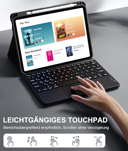 Vobafe Touchpad Hülle mit Tastatur für iPad A16 11 10 Generation 2025 2022, 11/10,9 Zoll, Magnetische Abnehmbar Tastatur, 7 farbige beleuchteter, mit Stifthalter, QWERTZ Layout, Schwarz 3