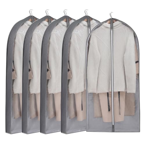 Portatrajes Transparentes para Colgar Ropa, 5 Paquetes, Funda Traje con Cremallera para Guardar Abrigos, Chaquetas, Vestidos, Trajes y Suéteres en El Armario(Gray,60x150cm/24x59in)