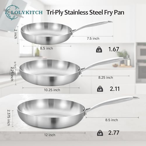 LOLYKITCH 8+10+12 Inch Tri-Ply Stainless Steel Frying Pan Set– Professional Skillet Fast & Even Heating, Induction & Oven Safe Cookware for Modern Home Kitchens, Detachable Handle by LOLYKITCH - Image 6