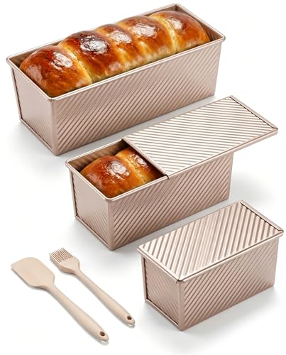 CARTMAN 3-Piece Pullman Loaf Pan with Lid Set – Non-Stick Carbon Steel Bread Pan with Bottom Vents – Includes Large (12"), Medium (8") & Mini (7") Sizes plus Silicone Tools – Champagne Gold