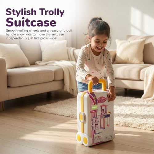 Image of Baybee Beauty Set Toys for Girls | Kids Makeup Set with Trolley Suitcase, Pretend Role Play Toys with Make up Table, Hair Accessories & Styling Tools, Portable Toy Set for Girls 3+ Years (Yellow)