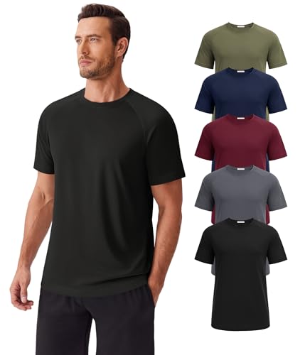 PINSPARK 5 Pack Workout Shirts for Men Short Sleeve Moisture Wicking Athletic Gym Tshirts Multipack Crewneck Plain Casual Tee