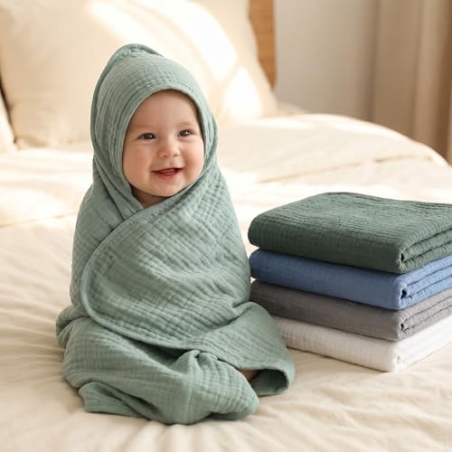 Image of Peryiter 6 Pcs Muslin Hooded Baby Towels, 32 inchx 32 inch Cotton Newborn Bath Towel Muslin Infant Baby Blankets Absorbent Unisex Newborn Registry Gift Essentials for Girls Boys (Blue Series)