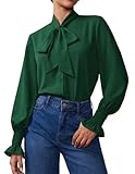 Women's Long Sleeve Bow Tie Neck Dressy Casual Smocked Cuffed Button Down Shirts 2025 Business Office Work Elegant Chiffon Blouses Tops Dark Green