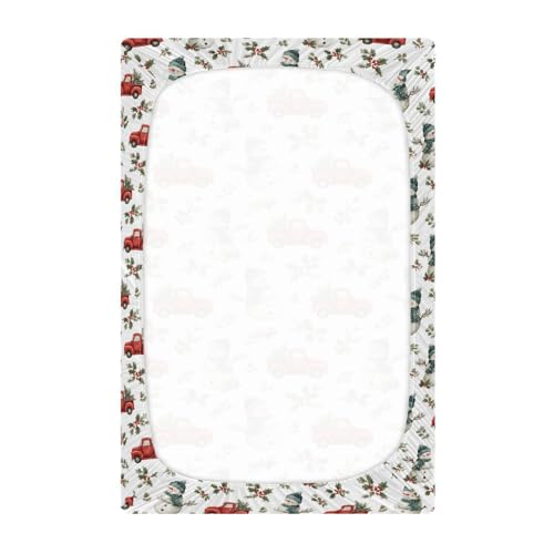 Image of Baby Crib Sheet Cute Christmas Snowman Red Truck Holly Crib Mattress for Boys and Girls Playard Sheet Soft Breathable Fitted Baby Mattress Cover 52x28in