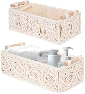 Set of 2 Macrame Storage Baskets Boho Decor Box, EsLuker.ly Handmade Woven Decorative Basket for Countertop Toilet Tank Cabinet Shelf Basket Organizer with Handle for Bedroom Living Room Nursery