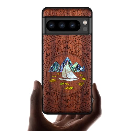 Coque Pixel 8 Pro anti-choc étui bois mandala et nacre pour Google
