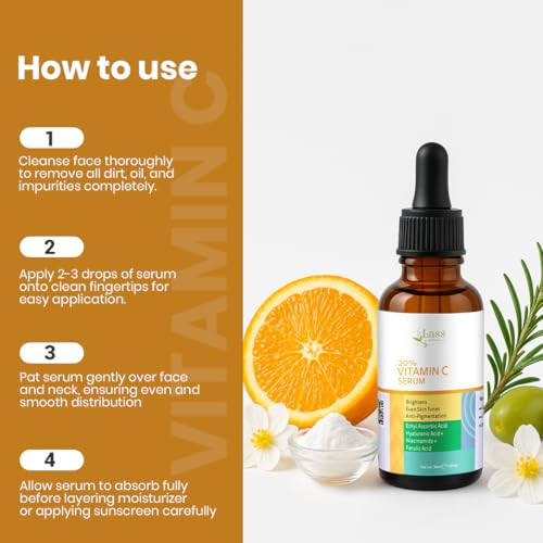 Image of Lass Natural 20% Vitamin C Skin Care Serum | Dark Spots | Reduces Pigmentation | Boosts Collagen | Brightening and Nourishing Skin | Suitable For All Skin Types | 30ml