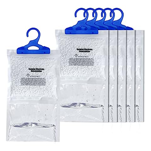 Wardrobe Dehumidifier with Hanging Bags 6pk - Dehumidifiers for Bedroom Moisture Absorber Prevent Damp, Mould & Mildew - Dehumidifiers Disposable, Dehumidifiers For Home Damp, Damp Absorber Cover