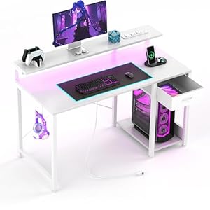 Mexin 39 Inch Computer Desk with Fabric Drawer, Home Office Desk with Power Outlets & Adjustable Monitor Stand, Gaming Desk with LED Light Strip, Small Study Table, Bureau De Travail, White
