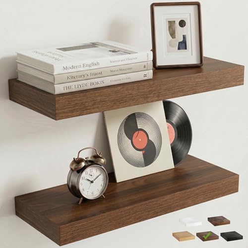 Venusmiles Floating Shelves for Wall, 16 Inch Floating Shelves Set of 2, 6.5" D Wooden Wall Mounted Display Shelves with Invisible Brackets for Living Room, Bedroom, Bathroom, Kitchen Decor, Walnut