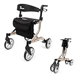 Parvum SuperLight Rollator – ultraleicht (5,1 kg), aus Aluminium, faltbar, (74 × 64 cm), mit Sitz & Rückenlehne, versteckten Bremskabeln – ideal für Alltag & Reise - Gehhilfe für Senioren - Champagner