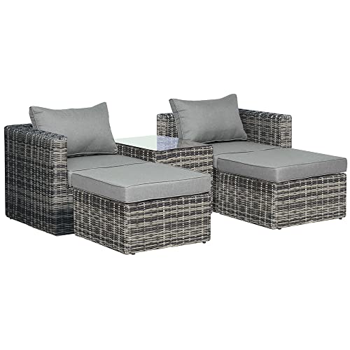 Outsunny 5 Piece Rattan Garden Furniture Set w/ 10cm Thick Cushions, Aluminium Frame Wicker Outdoor Balcony Sofa Set with Corner Armchairs, Ottomans, and Glass Top Table, Mixed Grey