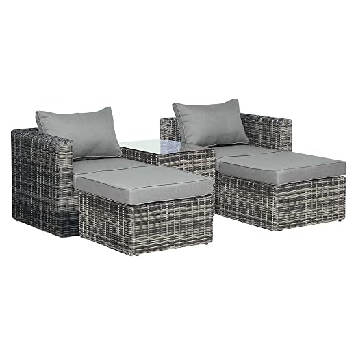 Outsunny 5 Piece Rattan Garden Furniture Set w/ 10cm Thick Cushions, Aluminium Frame Wicker Outdoor Balcony Sofa Set with Corner Armchairs, Ottomans, and Glass Top Table, Mixed Grey