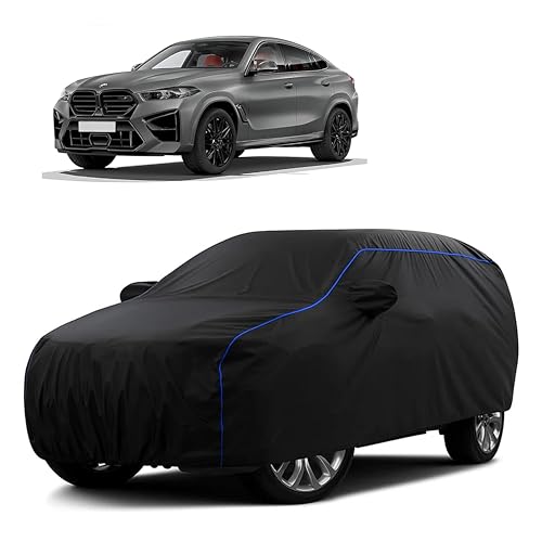 Image of Sulfar 100% Water Resistant Car Body Cover Compatible with Mirror for BMW X6M (Triple Stitched, Full Bottom Elastic, Black Tafetta with Blue Piping)