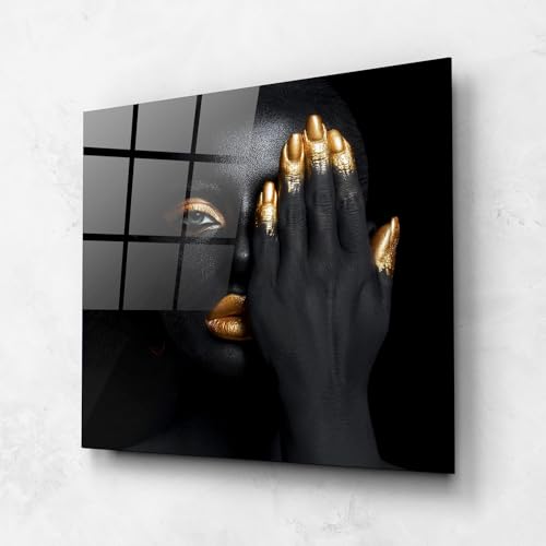 ARTHUB® Quadro in vetro 100x100 cm, 4mm temperato | Quadri moderni in vetro per soggiorno e camera da letto, decorazione da parete, arredamento d'interni, Donne, Gold Makeup Chain
