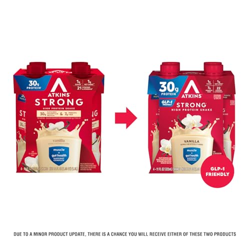 Image of Atkins Strong High Protein Shake,Vanilla Flavored,30g Protein,Low Carb and Low Sugar Shake,Keto Friendly,Gluten Free,Muscle and Gut Health Support Complex,(Pack of 24)